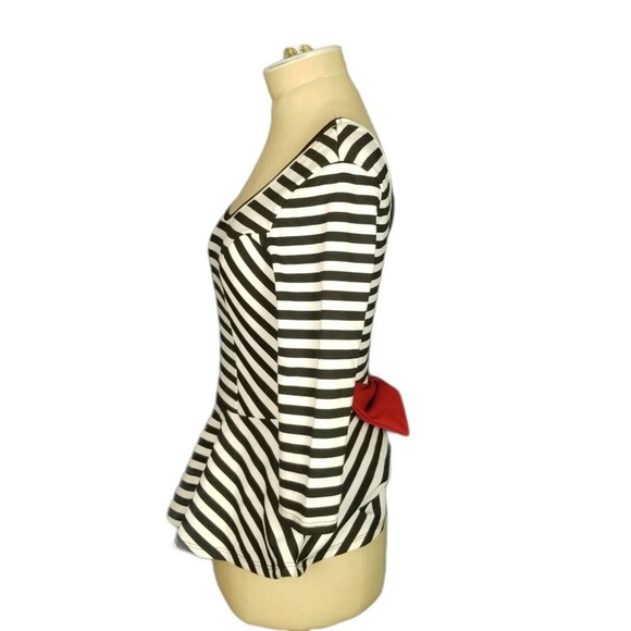 Love J USA Black White Striped Peplum Long Sleeve Top. Big Red Bow! Size Small - Picture 3 of 3